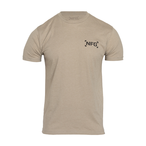 Front view of heather tan tee with NFG logo on left chest