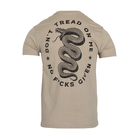 Rear view of heather tan tee with graphic of snake surrounded by text "DON'T TREAD ON ME NO F*CKS GIVEN"