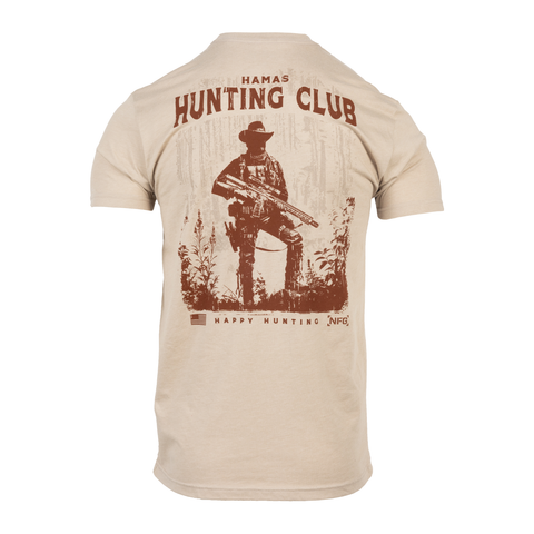 rear view of Heather tan Hamas Hunting Club tee with graphic of cowboy with gun with text "HAMAS HUNTING CLUB HAPPY HUNTING NFG"