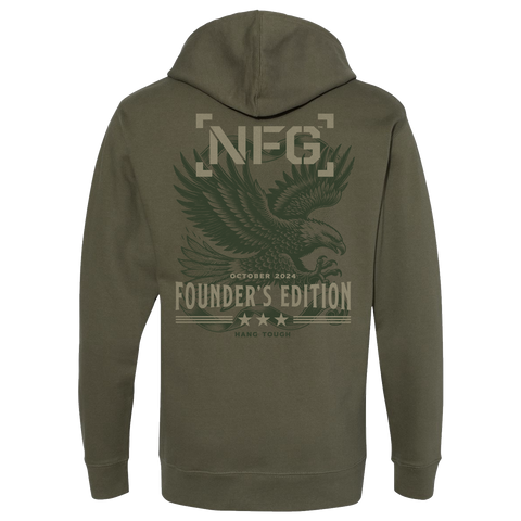 rear view of green hoodie with graphic of eagle with text "NFG OCTOBER 2024 FOUNDER'S EDITION HANG TOUGH"