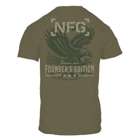 rear view of green tee with graphic of eagle with text "NFG OCTOBER 2024 FOUNDER'S EDITION HANG TOUGH"