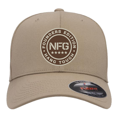 front view of khaki hat with text on front "FOUNDERS EDITION NFG HANG TOUGH"