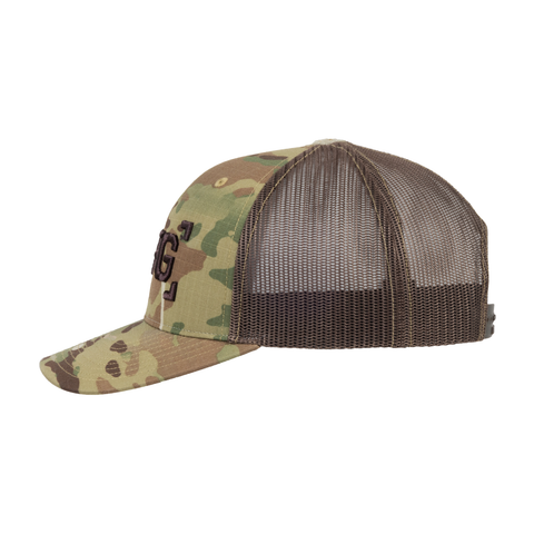 side view of 3D Embroidered Logo Snapback – Multicam/Coyote Brown with nfg logo on front