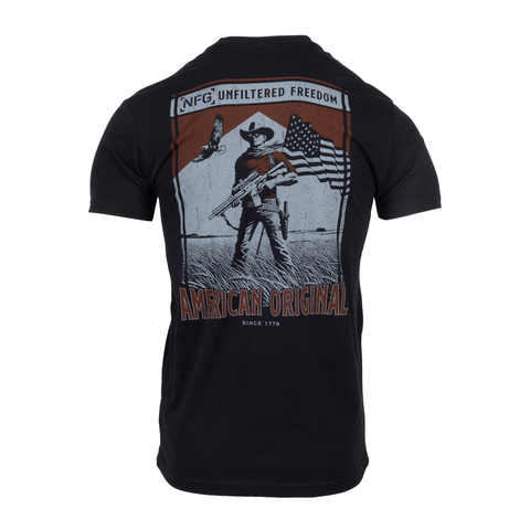 Rear view of black unfiltered freedom tee with graphic of cowboy holding gun and american flag, with text "NFG UNFILTERED FREEDOM AMERICAN ORIGINAL SINCE 1776"