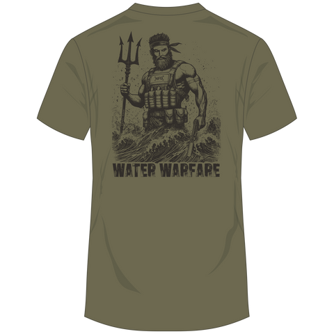 rear view of Military green tee with graphic of soldier holding a trident with text below "WATER WARFARE"