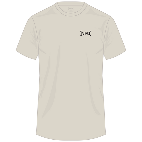 front view of sand tee with "NFG" logo on left chest