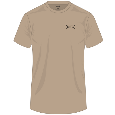 Front view of heather tan tee with NFG logo on left chest