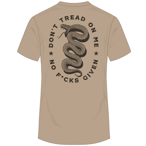 Rear view of heather tan tee with graphic of snake surrounded by text "DON'T TREAD ON ME NO F*CKS GIVEN"