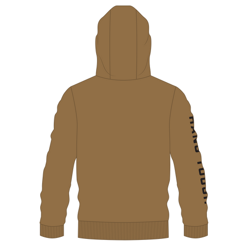 rear view of saddle hoodie with "HANG TOUGH" text on right arm