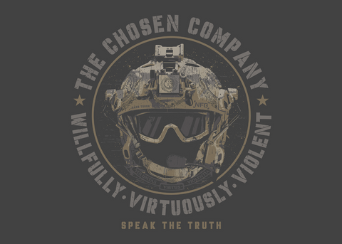 Closeup of graphic of military Helmet and goggles surrounded by text "THE CHOSEN COMPANY WILLFULLY VIRTUOUSLY VIOLENT SPEAK THE TRUTH"