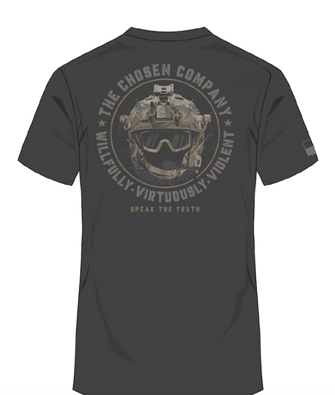 Charcoal tee with graphic of military Helmet and goggles surrounded by text "THE CHOSEN COMPANY WILLFULLY VIRTUOUSLY VIOLENT SPEAK THE TRUTH"