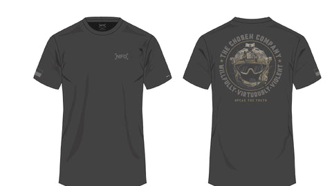 Front and back view of tee, back showing Charcoal tee with graphic of military Helmet and goggles surrounded by text "THE CHOSEN COMPANY WILLFULLY VIRTUOUSLY VIOLENT SPEAK THE TRUTH". Front showing Charcoal tee with NFG logo on left chest